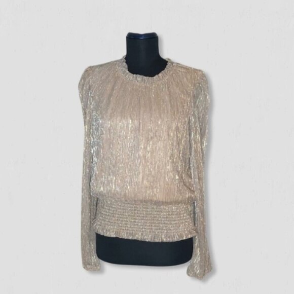 Joie Shimmer Blouse Smocked Waist Long Sleeve Chiffon Silver Gold Metallic Sz L - Picture 1 of 12